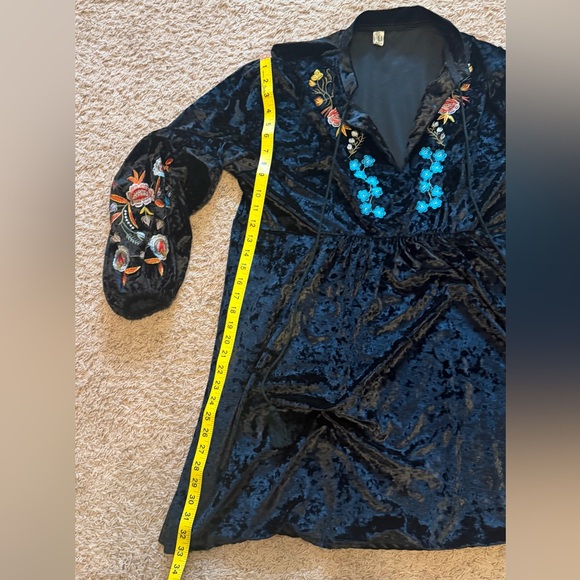 Boho Black Velvet Mini Dress with Floral Embroidery - Picture 3 of 6